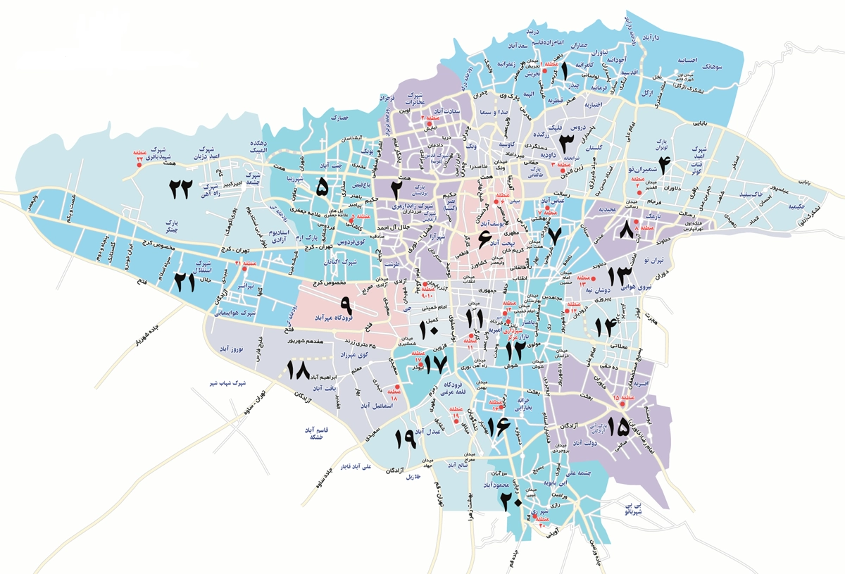 نقشه مناطق ۲۲ گانه تهران