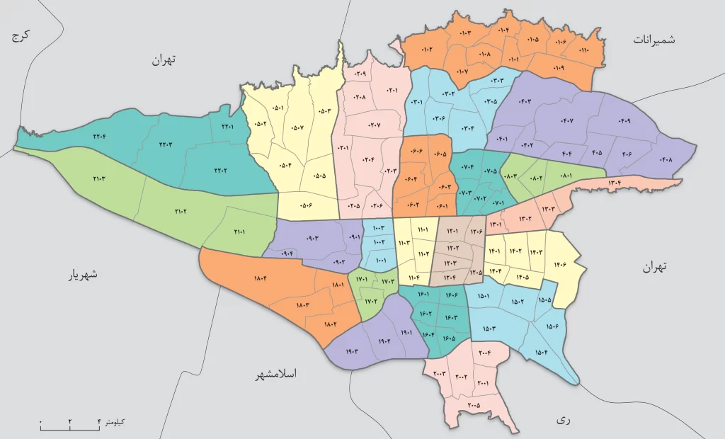 نقشه مناطق شهر تهران